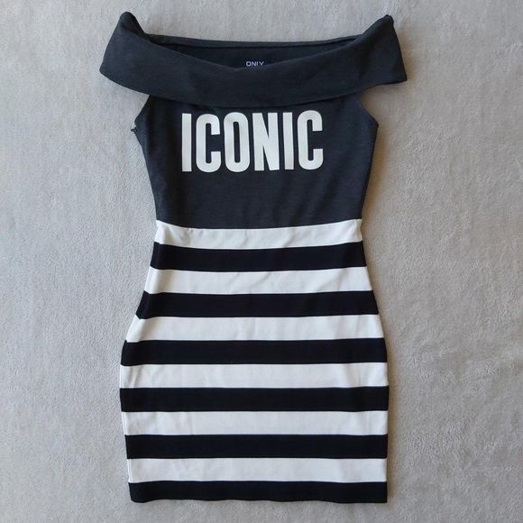 never worn, ICONIC off-the-shoulder horizontally-striped bodycon mini dress - Picture 2 of 4